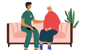 Illustration of caregiver discussing services with elderly woman on a sofa