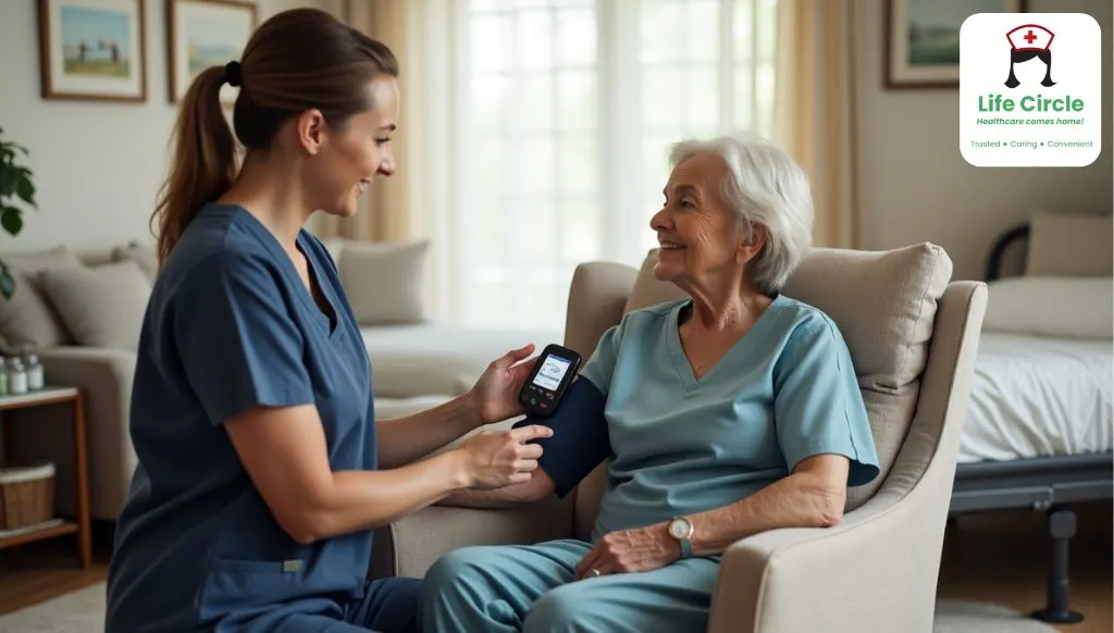 NRI Parent Health Care Service Providers in Chennai,Elderly woman receiving home healthcare in Chennai from NRI Parent Care provider – Life Circle