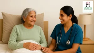 Smiling caregiver providing compassionate in-home healthcare to elderly woman in Nashik – NRI parent care services.