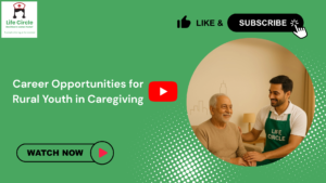Career opportunities for rural youth in caregiving showcasing young caregivers supporting elderly individuals in home healthcare settings across India