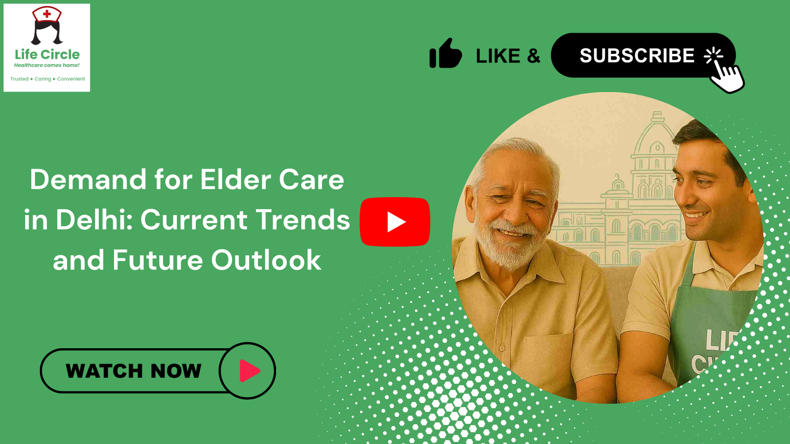 Smiling elderly man with a caregiver at home, representing the growing demand for elder care services in Delhi and future care trends.
