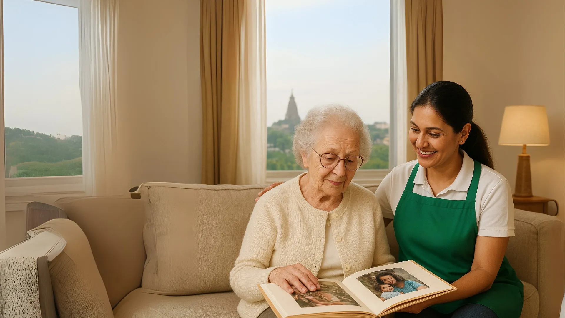 Dementia Care at Home in Thane — elderly woman supported by caregiver while engaging in memory activities with a photo album.