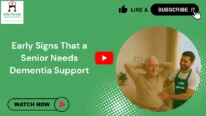 Elderly person showing early signs of dementia being supported by a trained caregiver at home, highlighting behavioural changes and memory-related symptoms.