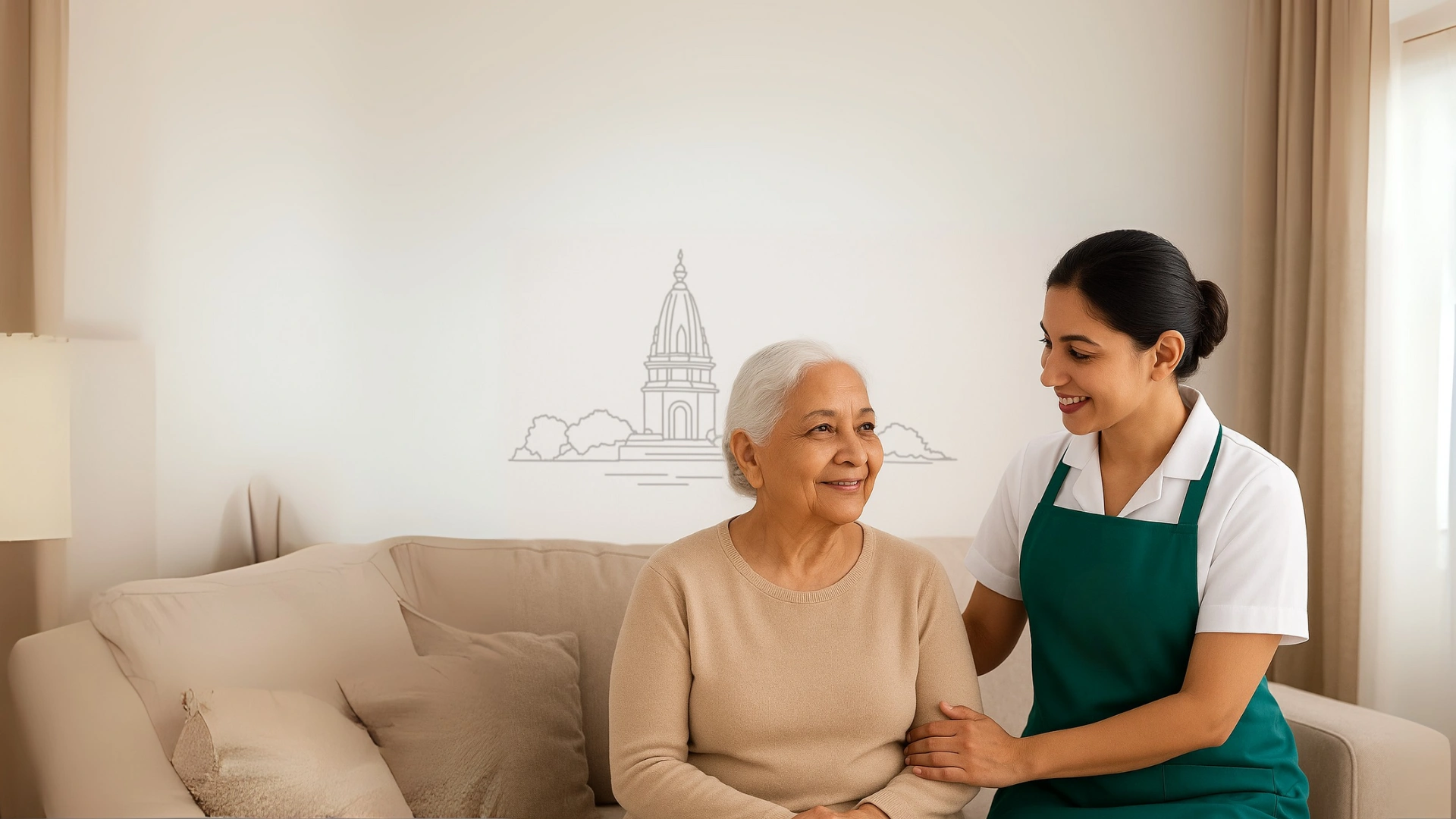 Elderly Home Care Services in Thane — senior woman receiving companionship and supportive care from a trained caregiver.