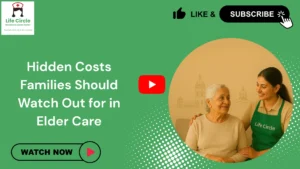 Indian family discussing elder care expenses with a caregiver, highlighting hidden costs involved in home-based senior care
