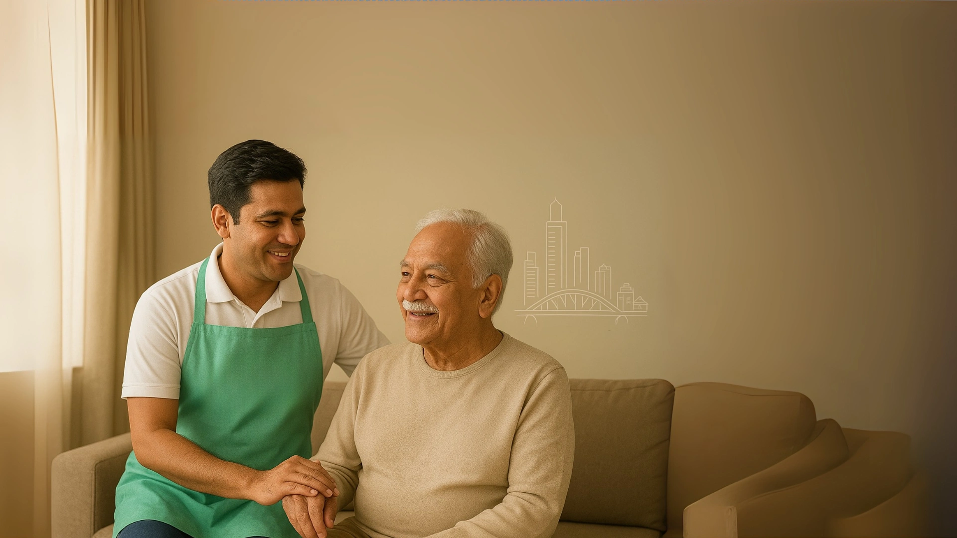 Professional elderly home care services in Thane — trained caregiver supporting senior at home with compassion and dignity.