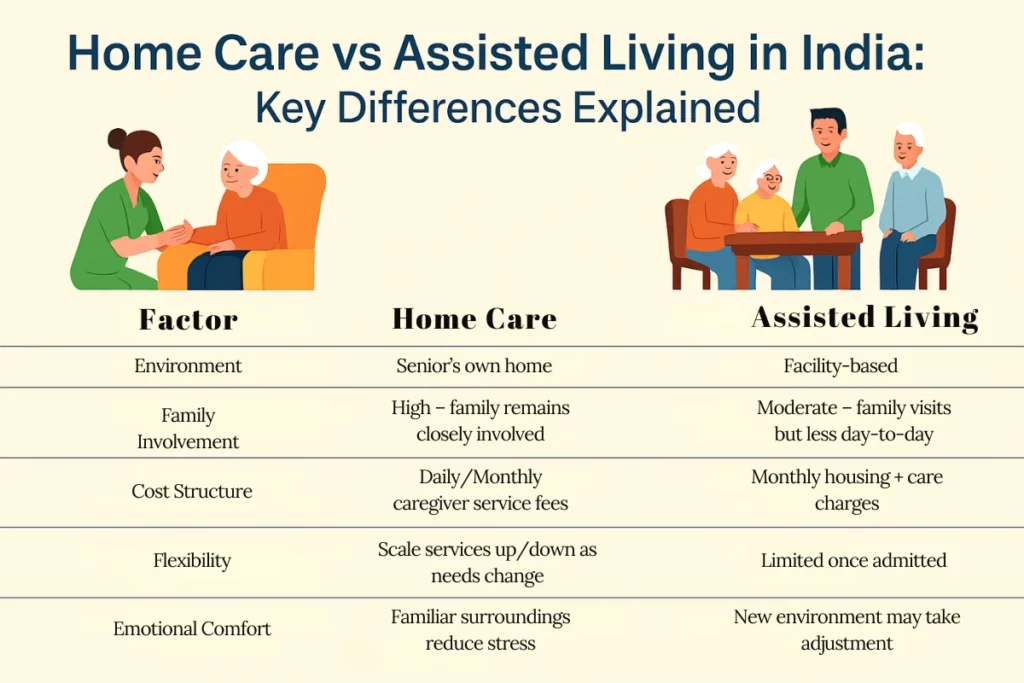 home care vs assisted living India |Home Care vs Assisted Living in India Key Differences Explained