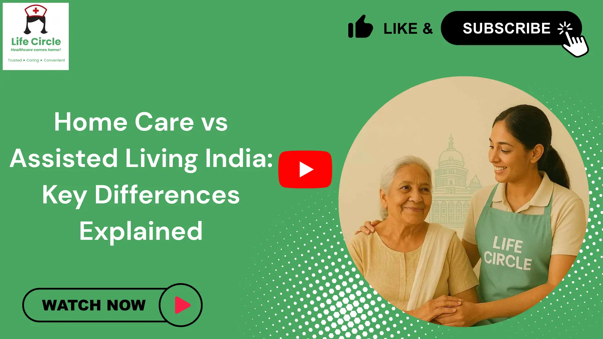 Comparison of home care and assisted living options in India, showing an elderly person with a caregiver at home versus a senior living facility.