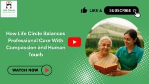 A professional caregiver supporting an elderly woman while reading together, representing Life Circle’s compassionate and professional elder care services.