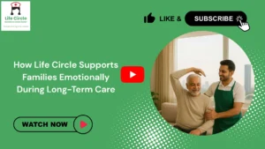 A compassionate caregiver offering reassurance to a family member during a long-term care discussion, symbolizing Life Circle’s emotional support for families.