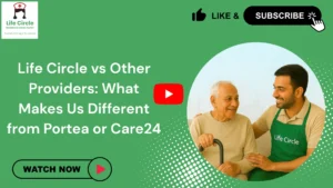 Comparison showing Life Circle alongside Portea and Care24, highlighting differences in caregiver training, service quality, and elderly home care.