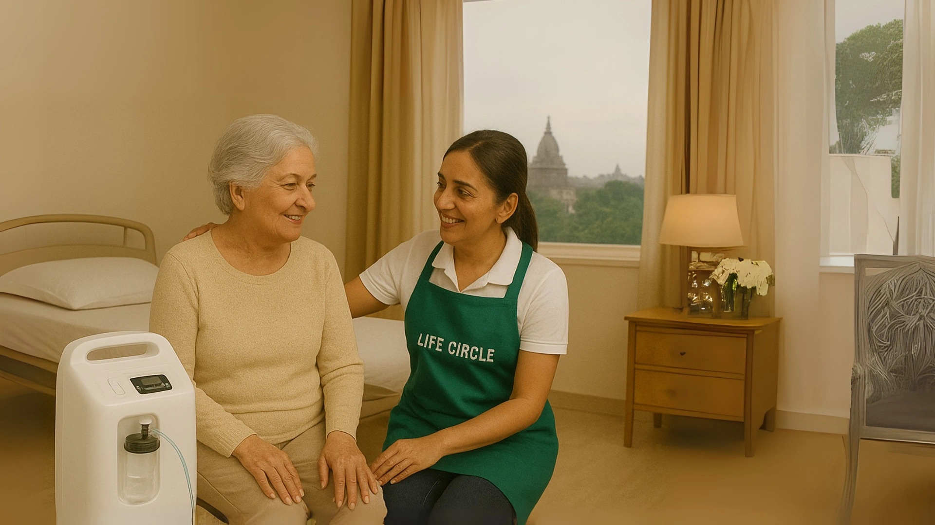 Medical Equipment Rental in Thane — caregiver assisting elderly woman with oxygen concentrator support at home.