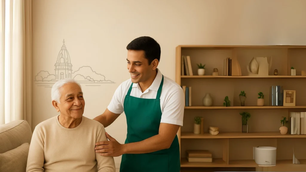 Palliative Care at Home in Thane — caregiver offering comfort and emotional support to elderly man with dignity and compassion.
