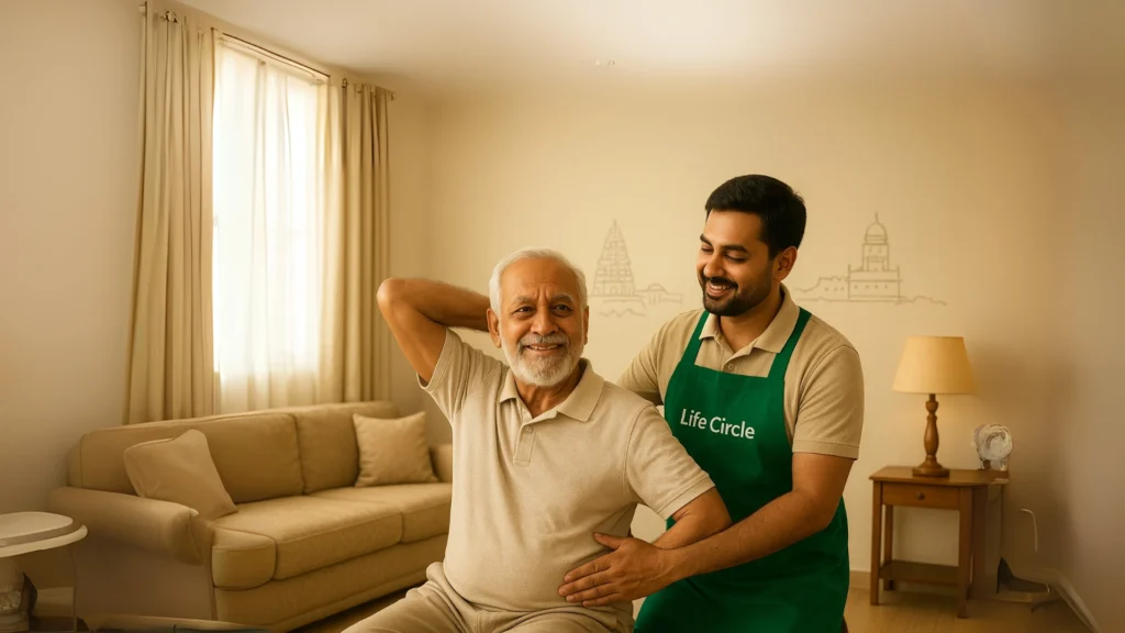 Physiotherapy at Home in Chennai – certified physiotherapist assisting a patient with rehabilitation exercises at home