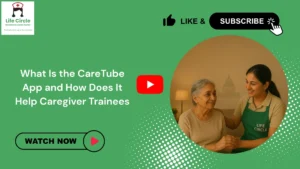 Caregiver trainee using the CareTube App to learn step-by-step elderly care skills through video tutorials.