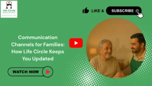 A caregiver sharing updates with a family member through a digital device, representing Life Circle’s clear and consistent communication channels.