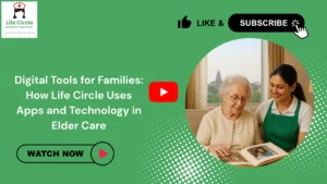 Family using the Life Circle mobile app to track caregiver attendance, care updates, and senior well-being through digital elder care tools.