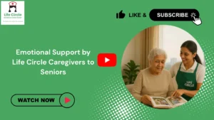 A Life Circle caregiver gently comforting a senior through conversation and companionship in a warm home setting.