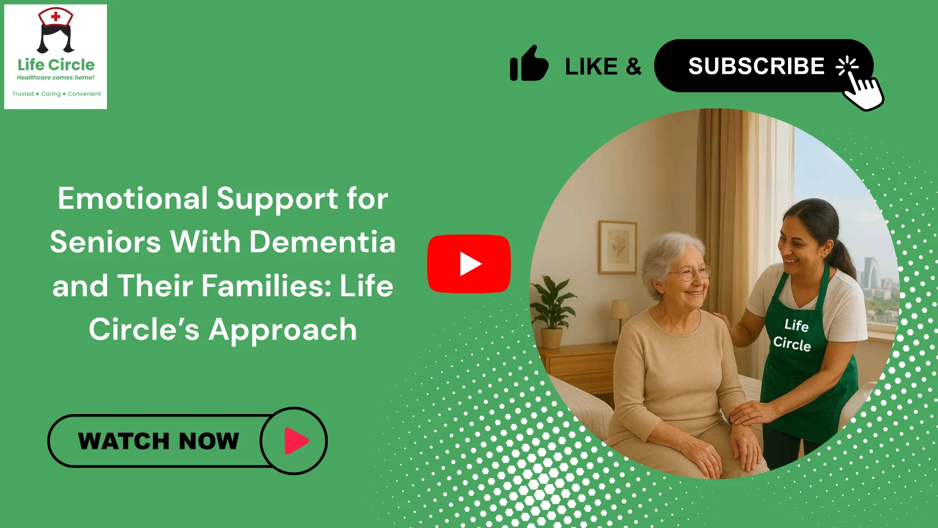 A caregiver offering emotional support to a senior with dementia, sitting together in a calm home setting, symbolizing Life Circle’s compassionate family-centered care approach.