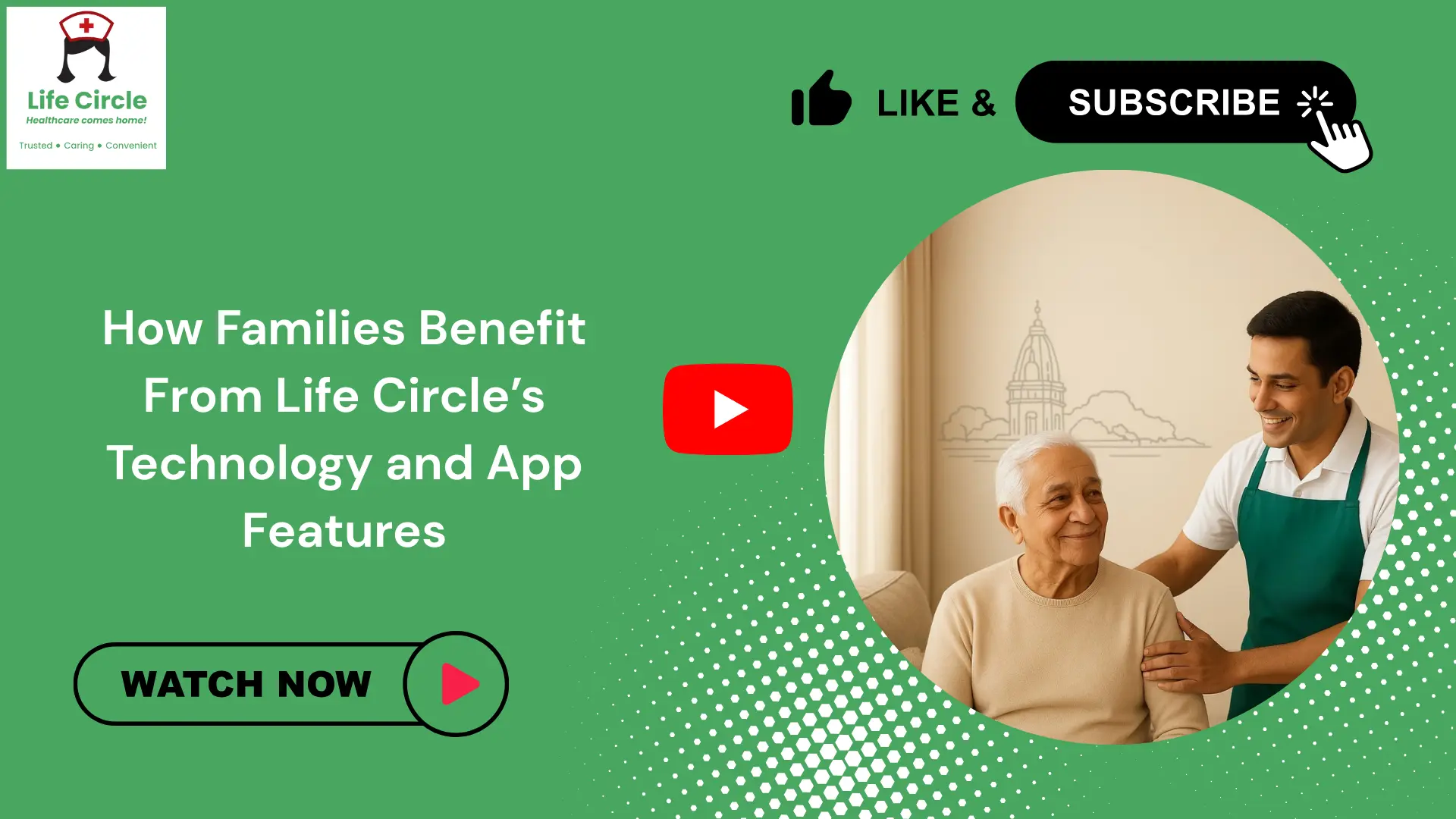 Elderly woman using a digital app with caregiver support, showing how Life Circle’s technology and app features benefit families.