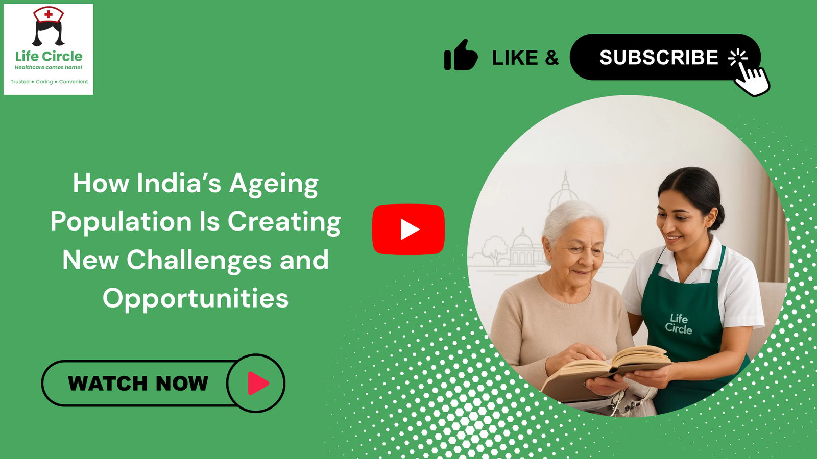 An elderly woman reading a book with the help of a professional caregiver, representing India’s ageing population and growing elder care needs.