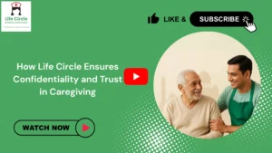 A professional caregiver discussing care details privately with a family member, representing Life Circle’s commitment to confidentiality and trust in caregiving services.